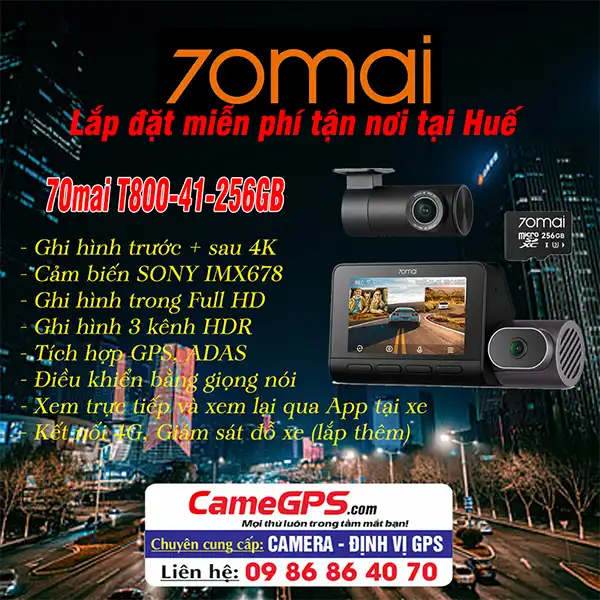 70mai T800, camera hành trình 4K, camera ô tô Huế, camera 3 kênh, camera AI, camera giám sát xe