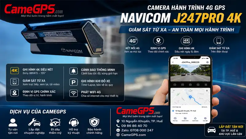Navicom J247Pro 4K – Camera hành trình 4G GPS xem xe từ xa qua điện thoại tại Huế.